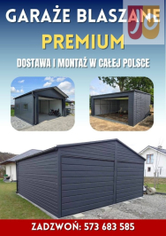 Garaż blaszany w kolorze grafit z bramą uchylną i dodatkami